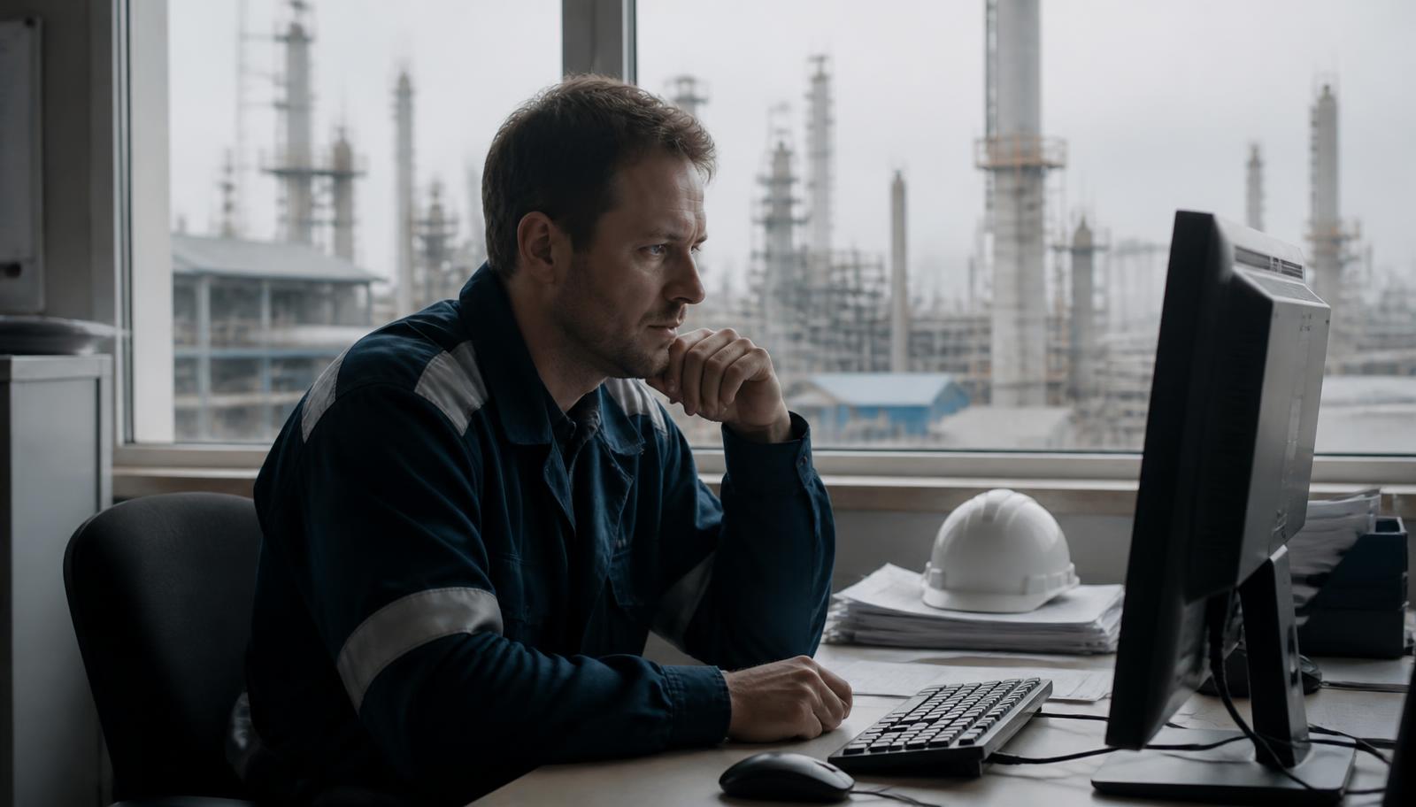 Engenheiro pesquisando no computador em um escritório com vista para a planta industrial